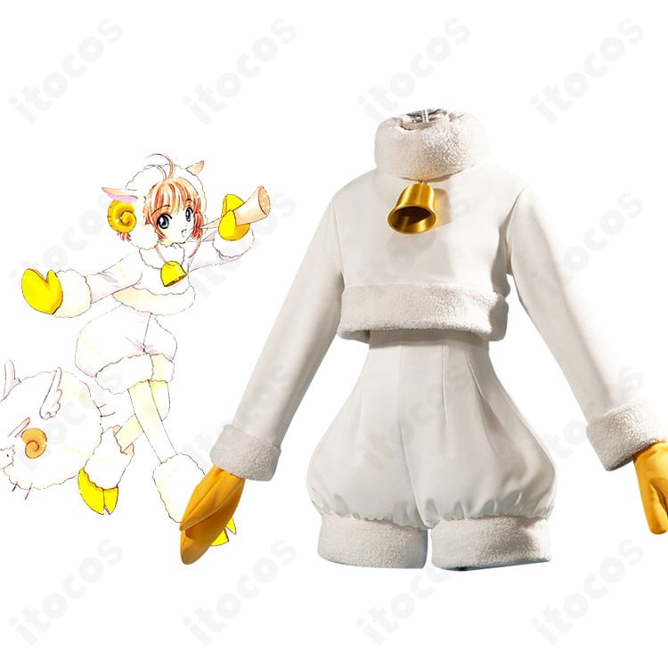 カードキャプターさくら 木之本桜 ひつじモチーフ衣装の正面とキャラクター比較。鈴とスヌードを含む高再現コーデの全体像。