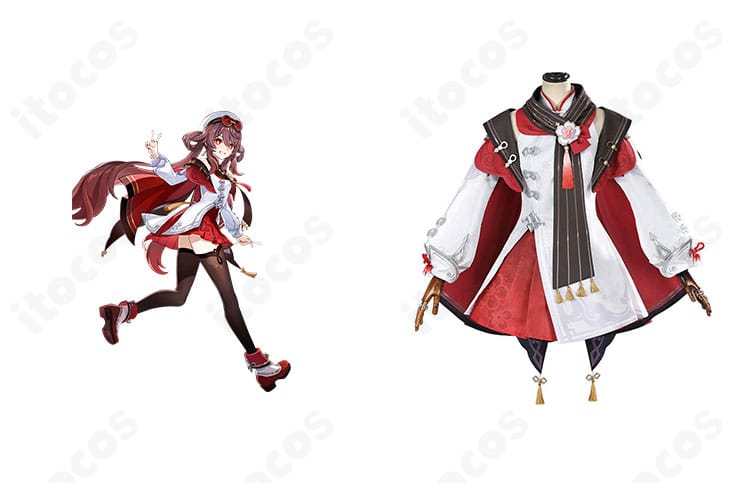 商品正面全体と胡桃（フータオ）ビジュアルを組み合わせたイメージ。原神 胡桃 残雪に咲く紅の配色とシルエットが分かる正面図。