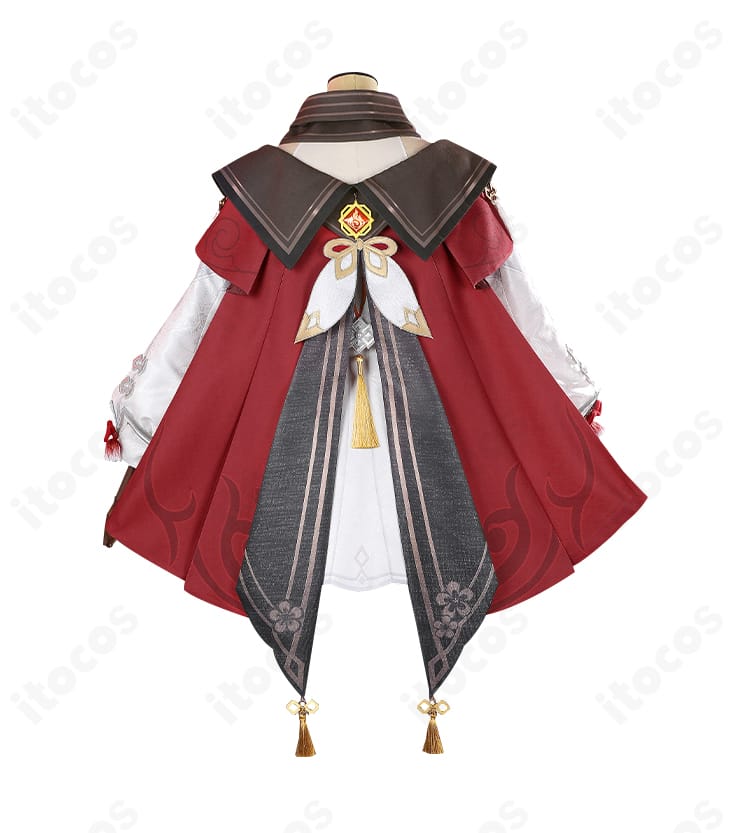 胡桃（フータオ）コスプレ衣装の背面デザイン。背飾りとスカートの落ち感、ファスナー位置が分かる。