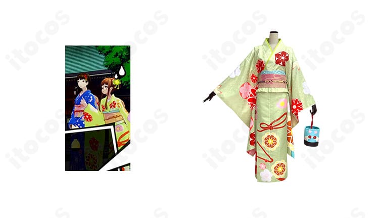 商品正面とキャラクターの合成画像｜ペルソナ5 ザ・ロイヤル 佐倉双葉 晴れ着コスプレのフロント全景