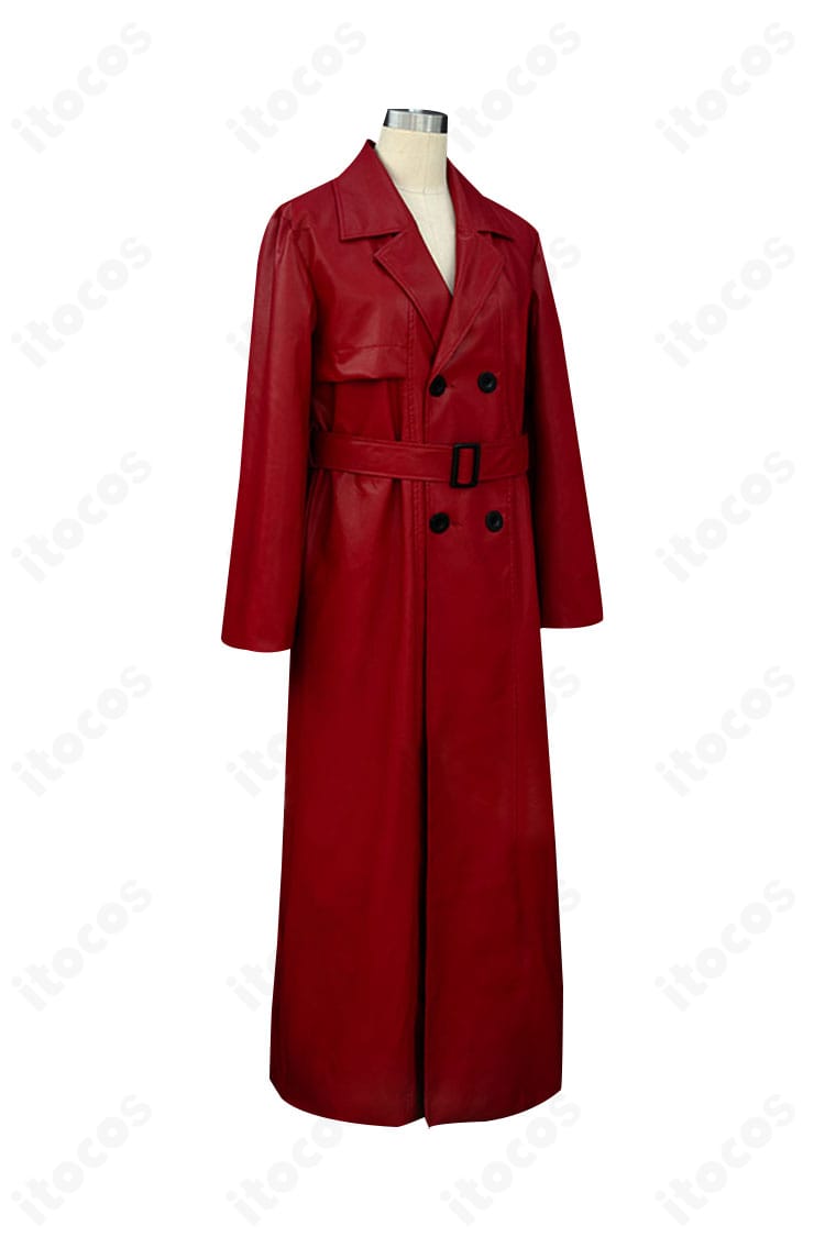 赤い傘の男 コスプレ衣装コートの側面画像。肩線から裾にかけてのラインと縫製の仕上がり、サイドの落ち感が確認できます。