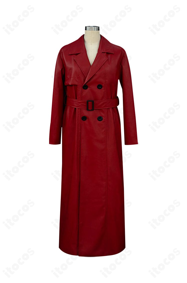 赤い傘の男 コスプレ衣装の正面写真。深いレッドの発色と直線的なシルエットが特徴で、撮影で映えるクールな印象。