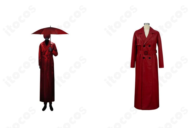 赤い傘の男 コスプレ衣装コートの正面とキャラクター参考イメージ。深紅のロングコートを忠実再現した正面スタイル。イベント向けの落ち着いた質感。