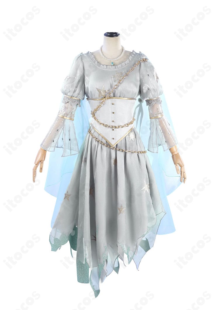 宇宙の魔女バージョンの正面ディテールが分かるコスプレ衣装画像。胸元から裾までの装飾配置を明瞭に撮影。