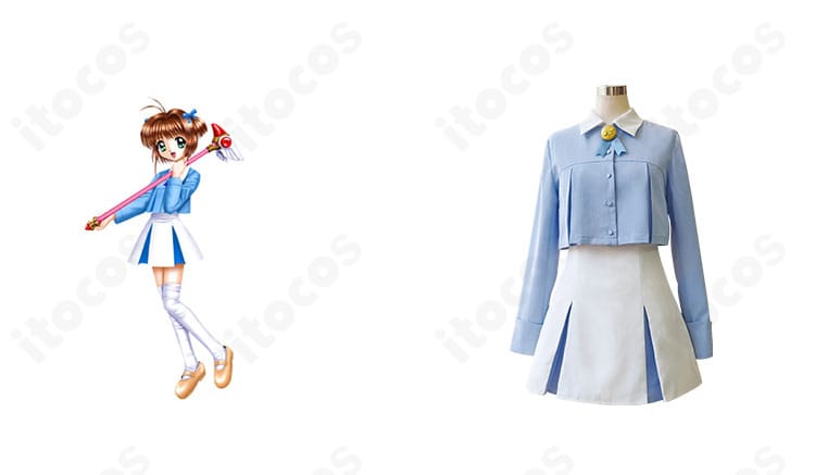 カードキャプターさくら 木之本桜 私服コスプレ衣装の正面とキャラクター比較。コート・ワンピース・リボンの再現ディテールを確認できる画像。