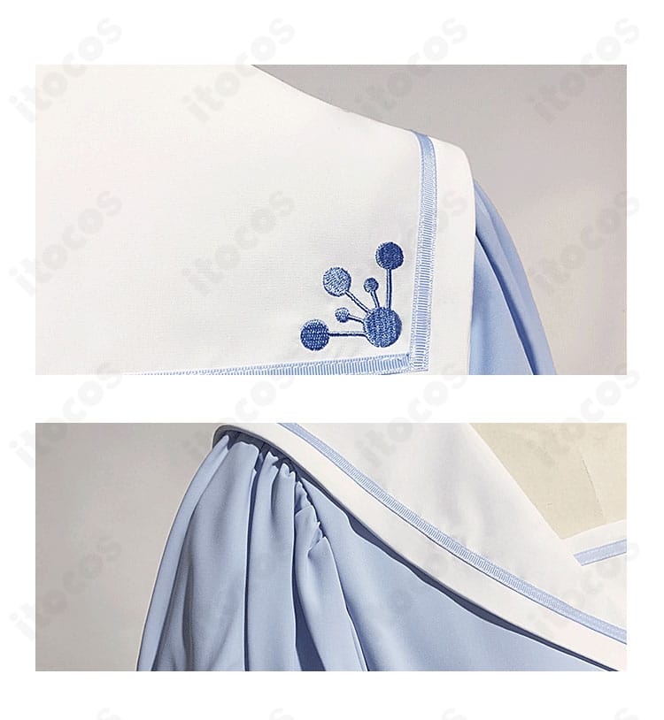 襟元と披肩の装飾ディテール。刺繍とパイピングの仕上げ、縫製の丁寧さが分かる近接カット。