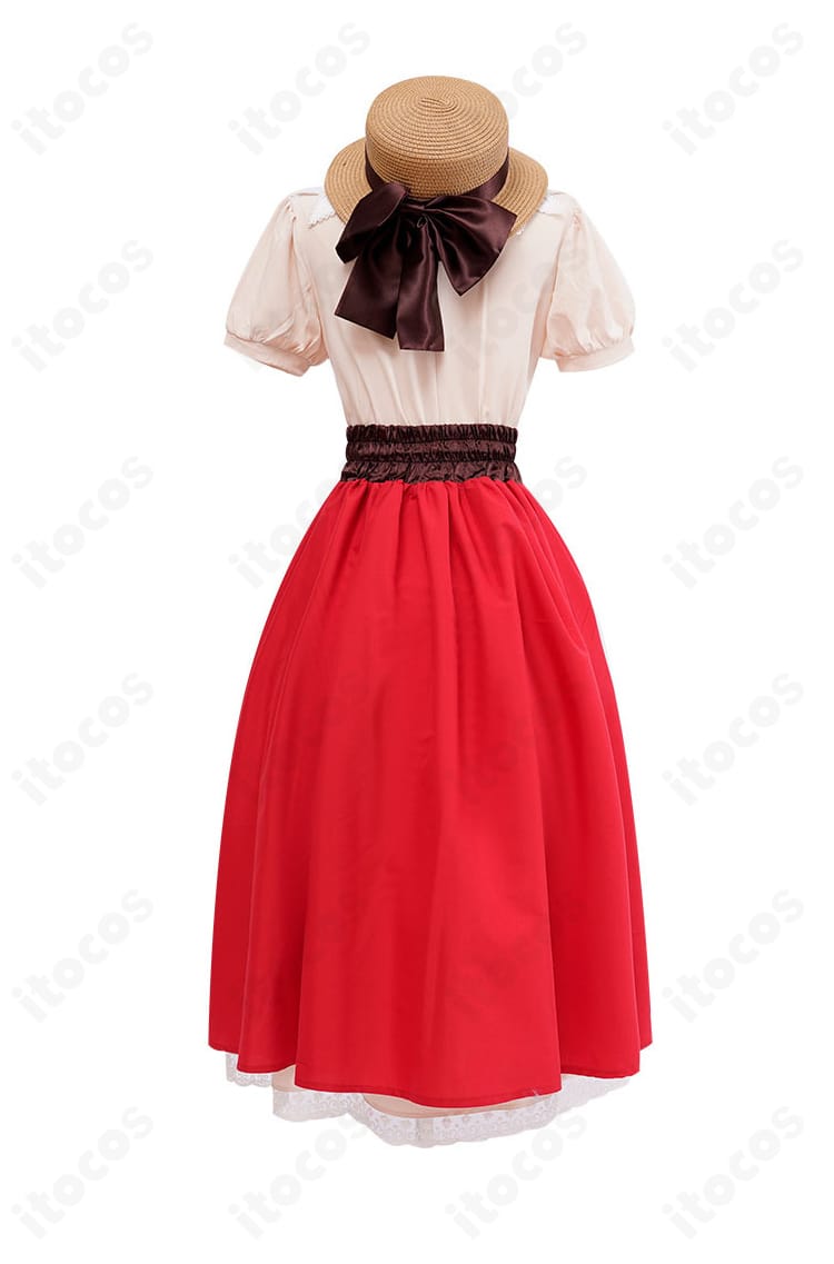 木之本桜コスプレ衣装の背面。背中から裾にかけての広がりと帽子の後ろ姿まで分かるカット。