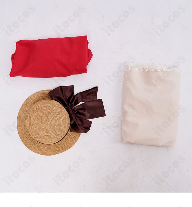 セット内容一覧。帽子・ワンピース・オーバースカートが含まれる木之本桜の私服コスプレ衣装。