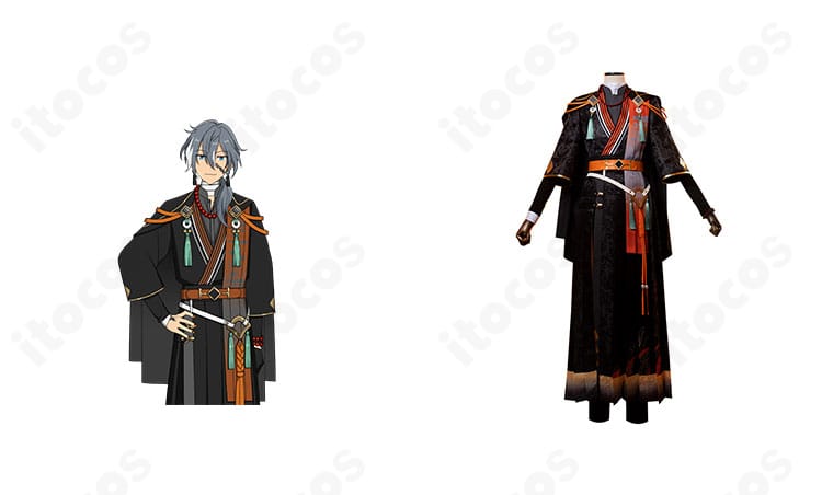 商品正面とキャラクターの組み合わせ画像。『あんさんぶるスターズ！！』伏見弓弦 迷い子バラッド衣装の正面フルコーデとキャライメージの比較が分かる画像。