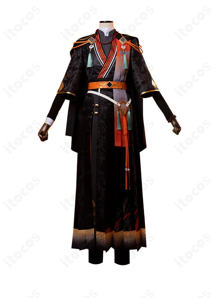 正面ディテール画像。伏見弓弦 迷い子バラッドのシャツ・コート・長着の重なりと襟元配色、コルセットベルトの位置関係が確認できる。