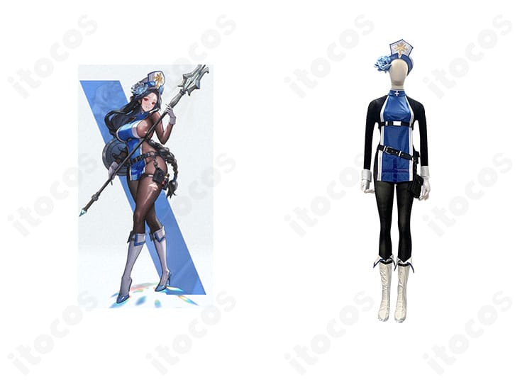勝利の女神：NIKKE メイデン アイスローズのコスプレ衣装。正面とキャラクター比較で高精度再現がわかる組み合わせ画像。
