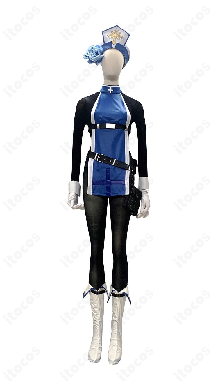 勝利の女神：NIKKE メイデン アイスローズ衣装の正面全体。配色と造形ディテールが忠実に表現された写真。