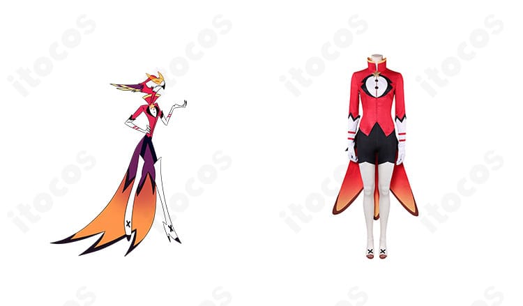 ヴァサゴの公式ビジュアルと衣装正面を並べた画像。Helluva Boss ヴァサゴの悪魔風デザインとトップスの造形がわかる構図。