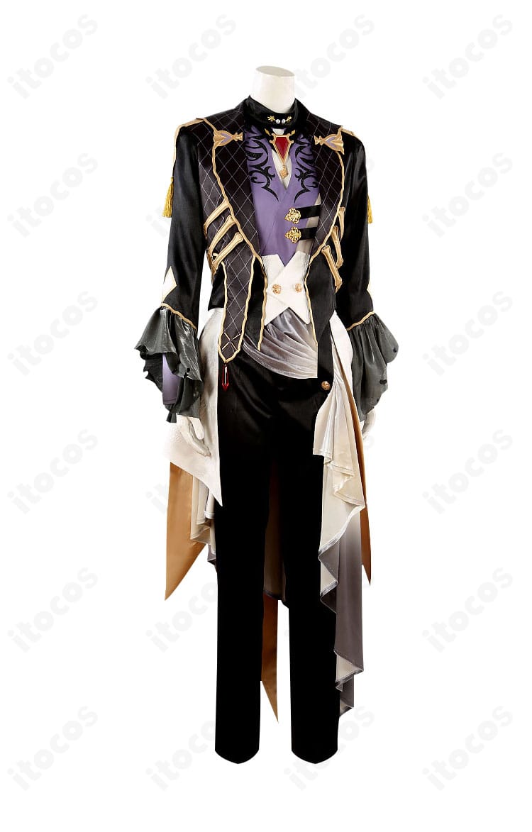 朔間凛月 衣装の近接ディテール。胸飾りや刺繍、アクセサリーの質感と縫製の丁寧さを示すアップ