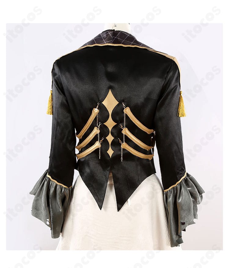 朔間凛月 コスプレ衣装の背面詳細。背中の切り替えラインやオーバースカートのレイヤー構成が確認できる画像