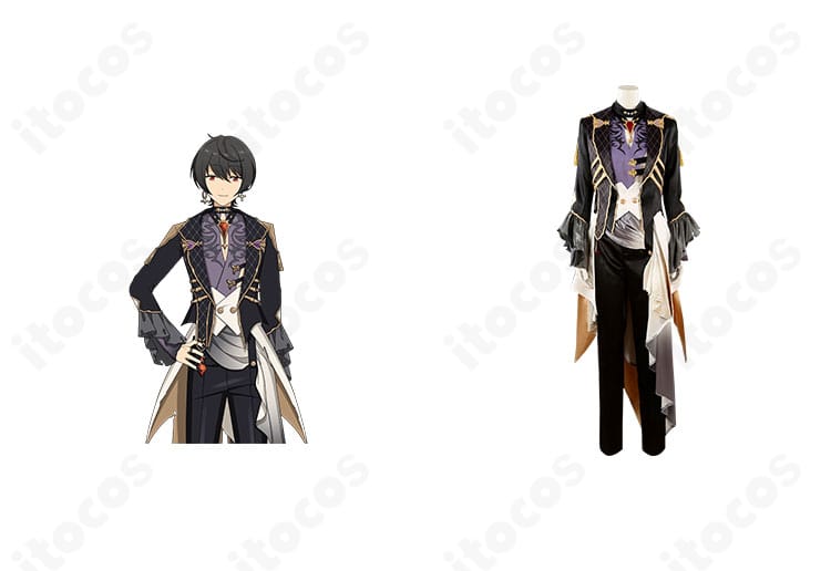 朔間凛月のコスプレ衣装 正面全身。コートとオーバースカート、胸飾りまで再現し、キャラクターとの比較で高い再現度が伝わる画像