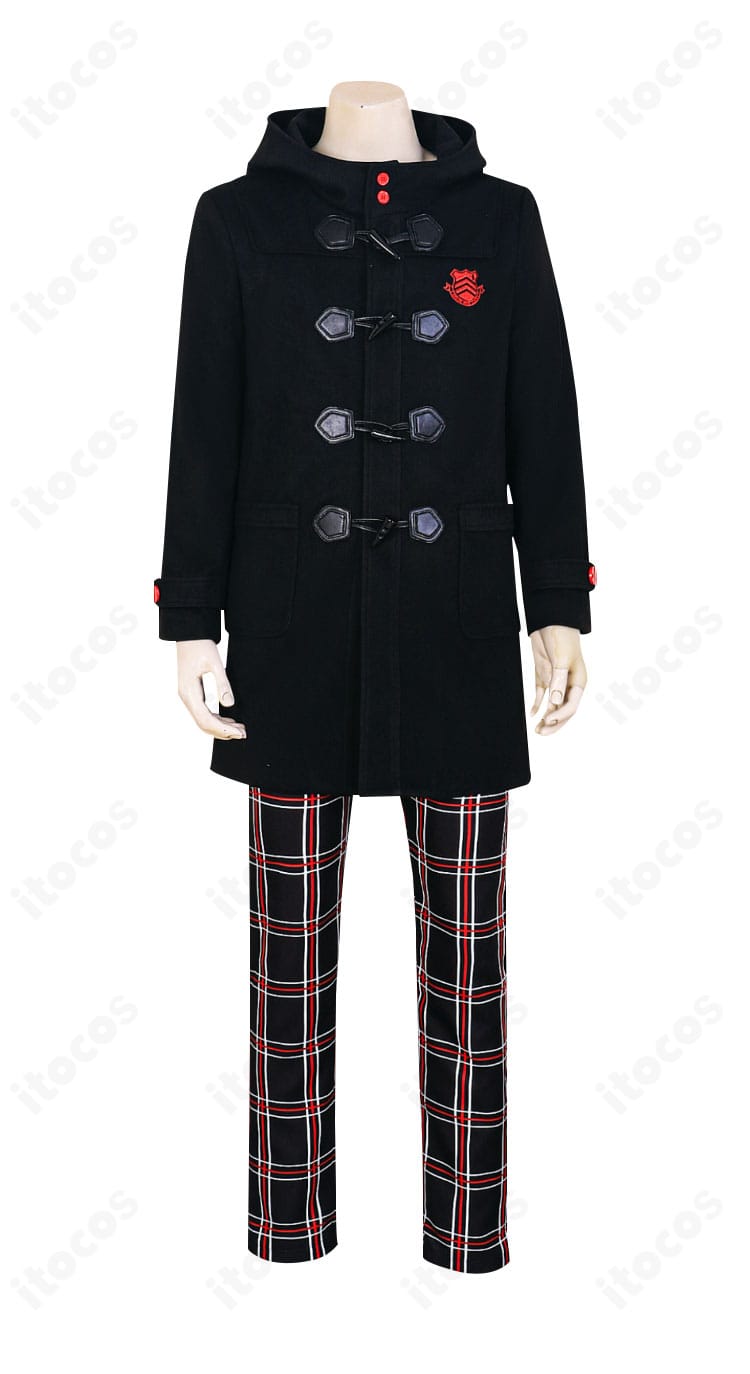 ペルソナ5 雨宮蓮 冬服コスプレ衣装の正面全体。コートのシルエットと赤ボタンが際立つ