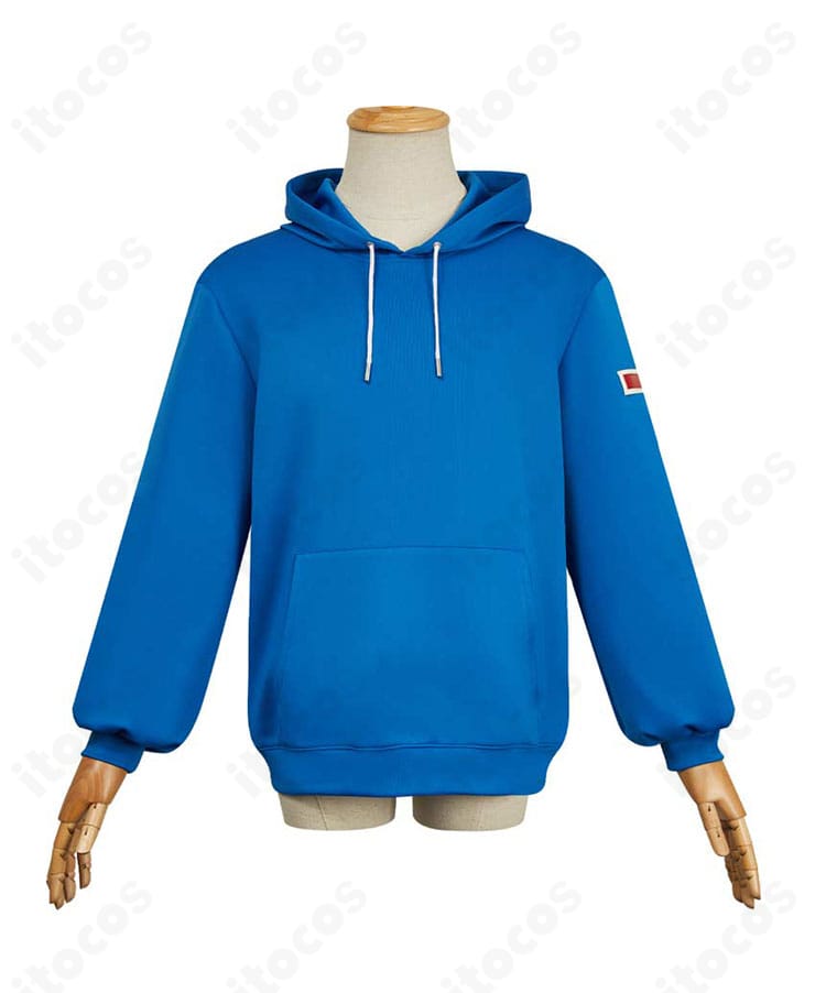 朝倉シン パーカーの正面ディテール。襟元から裾までの配色とステッチが確認できる画像