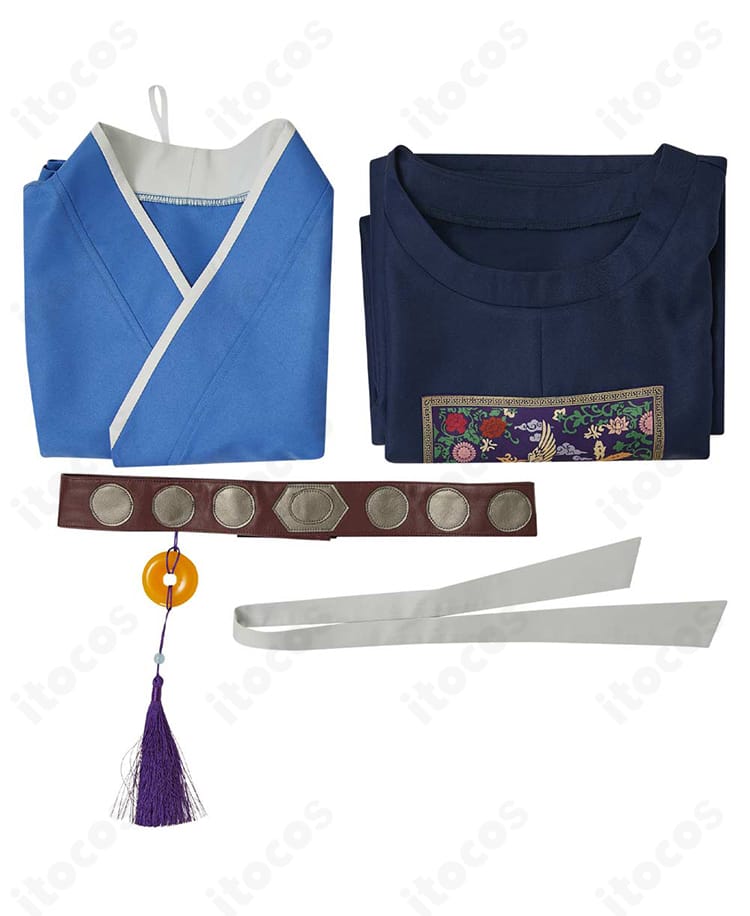 薬屋のひとりごと 壬氏 園遊会衣装コスプレのセット内容。上着・インナー・ベルト・髪飾りの4点を並べて表示。