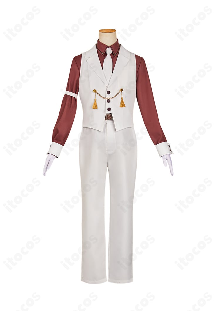 正面ディテール。シャツの刺繍ワークとベストのデザイン、ネクタイの色調が強調されたクローズアップ。