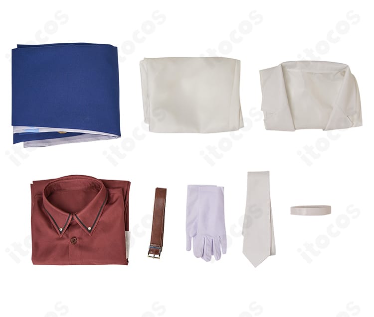 セット内容一覧。シャツ・ベスト・ズボン・マント・手袋・ネクタイ・アームバンドを並べた確認画像。
