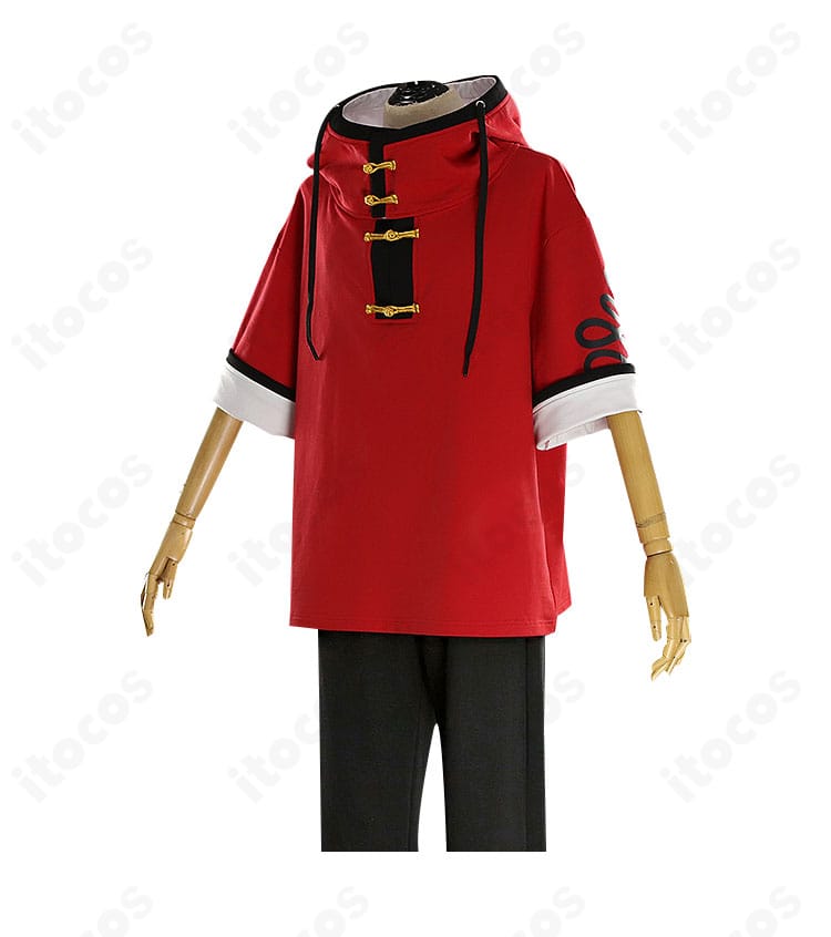 極楽街 アルマ コスプレ衣装の側面。肩線の収まりと袖の落ち感、パンツのラインを示すディテール