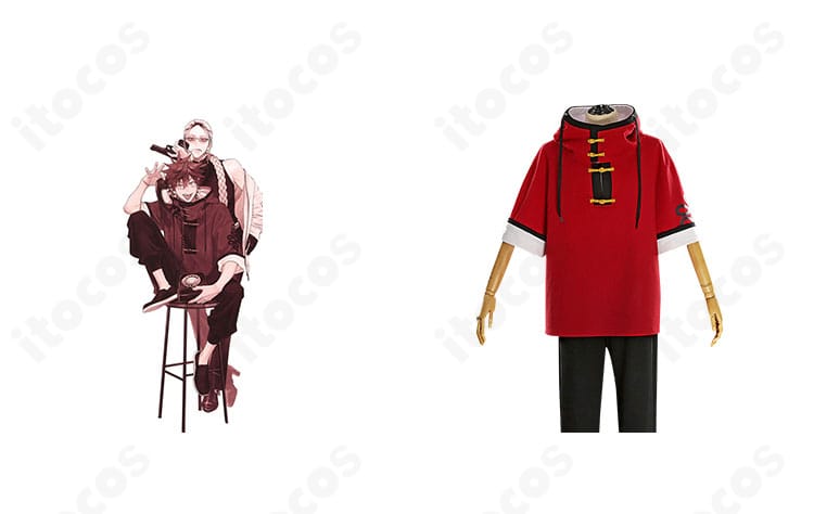 極楽街 アルマのキャラクター画像と衣装正面が並ぶ比較。門襟と配色を含めた再現度が分かる構図