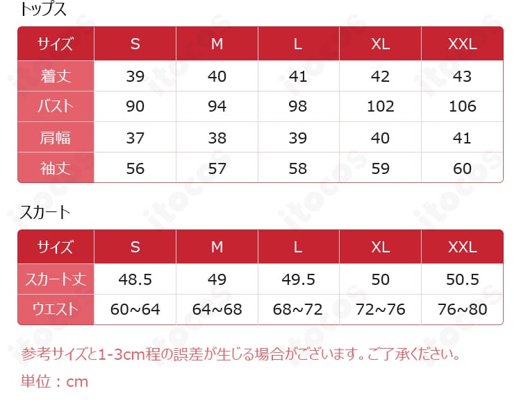 若葉睦 コスプレ衣装のサイズ表画像。S〜XXLの寸法対応を示し、サイズ選びをサポート。