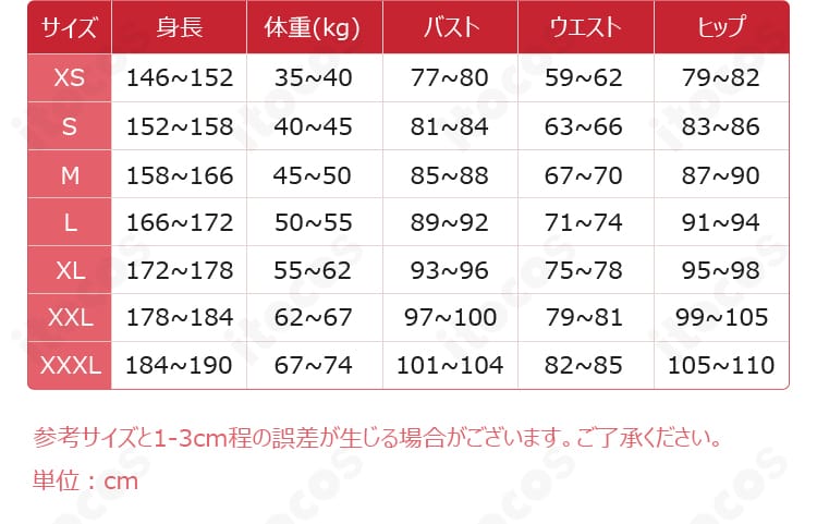 サイズ対応表。XS〜XXXLまでの各寸法を一覧で確認できるガイド。