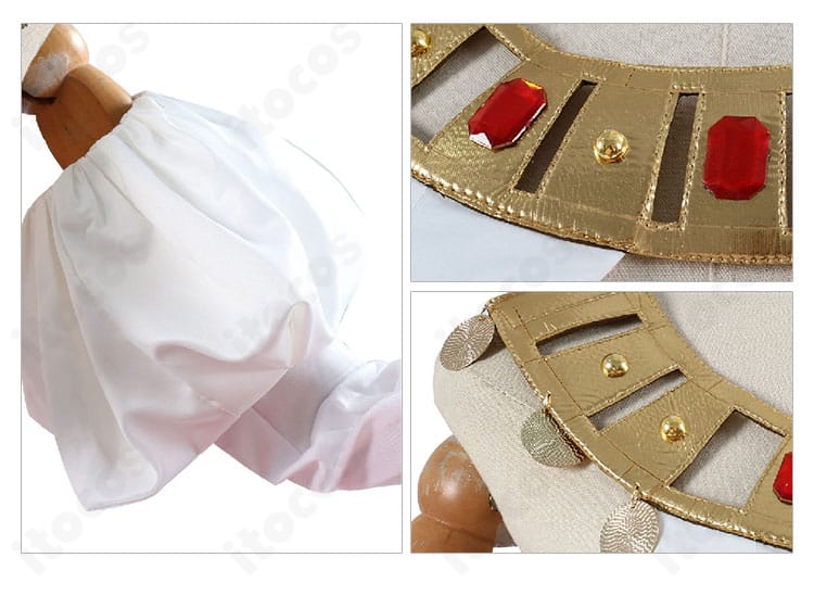 ネックレスと袖口装飾の詳細。金色モチーフと生地の光沢でエレガントな雰囲気を表現。