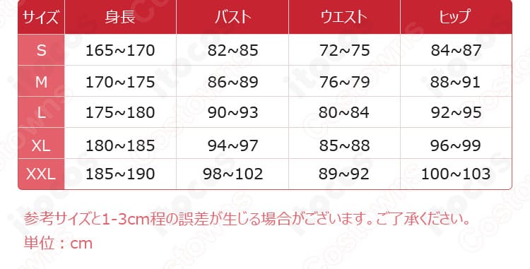 梓川かえで パンダコスプレ衣装のサイズガイド図。S・M・XLの主要寸法を示し、体型に合わせた選択の参考になる画像。