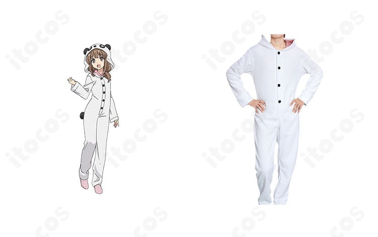 梓川かえでのパンダコスプレ衣装とキャラクターイメージのコラボ画像。耳付きフードや尾などの再現ディテールを確認できる正面セット写真。