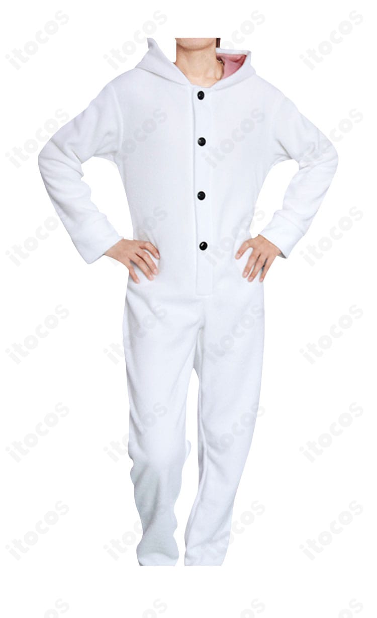 梓川かえで パンダコスプレ衣装の正面全体。耳付きフードと門襟のボタンが映える、可愛らしいデザインのフロントビュー。