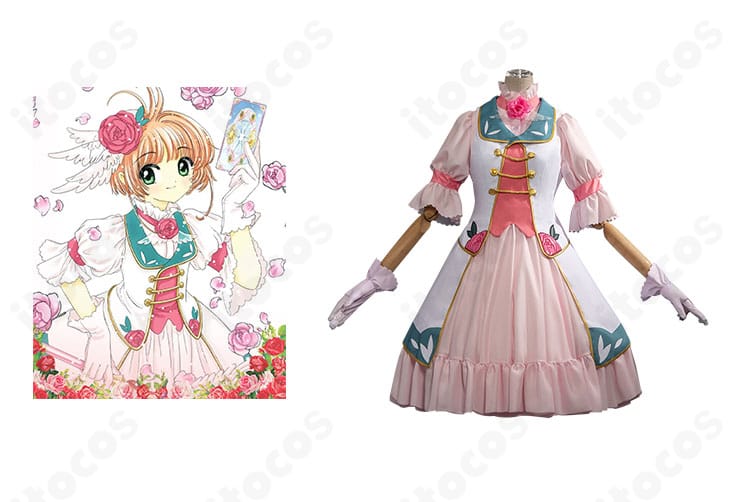 カードキャプターさくら 木之本桜の公式ビジュアルと衣装正面を並置した高品質コスプレ衣装のイメージ