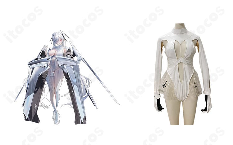 勝利の女神：NIKKE シンデレラの白色レオタード一式と髪飾りのセットイメージ。全体のシルエットと質感が分かる商品写真。