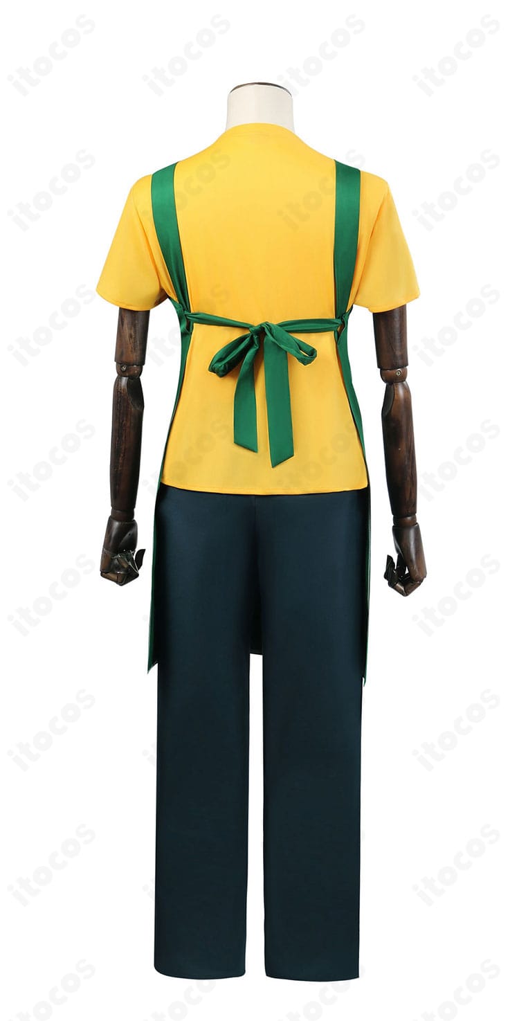 坂本太郎 店員制服コスプレの背面。エプロン帯の結びと背面シルエットを忠実に再現