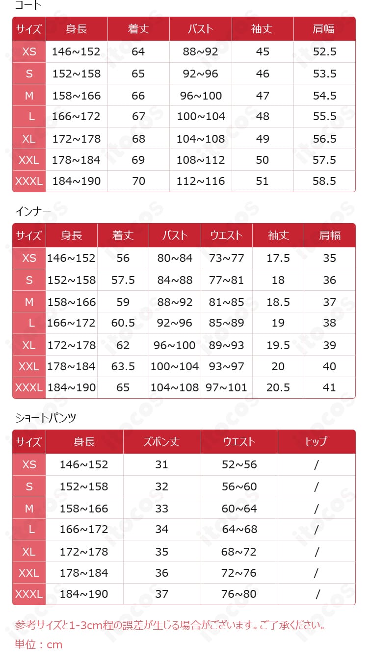 サイズ表記の案内画像。XS〜XXXLの寸法確認で最適サイズ選択をサポート