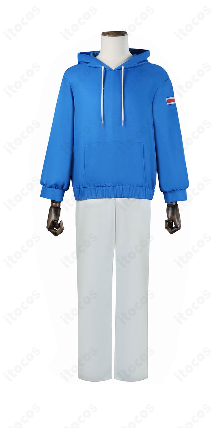 商品正面画像。SAKAMOTO DAYS 朝倉シンのコスプレ衣装のパーカーとズボンのディテールを強調。