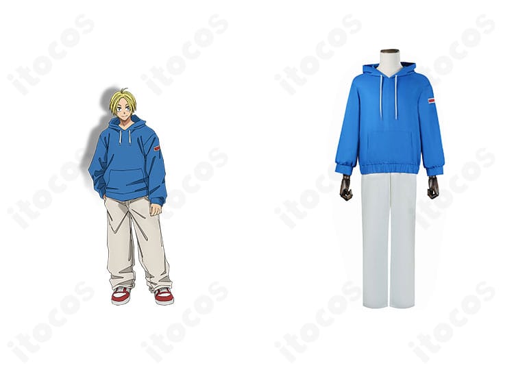 商品正面と朝倉シンを並べた参考画像。フード付きパーカーとズボンの全体構成がわかる忠実再現モデル。