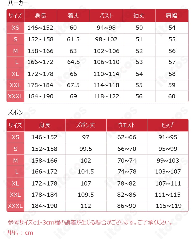サイズガイド画像。朝倉シン コスプレ衣装のXS〜XXXLまでの採寸表と選び方の目安。