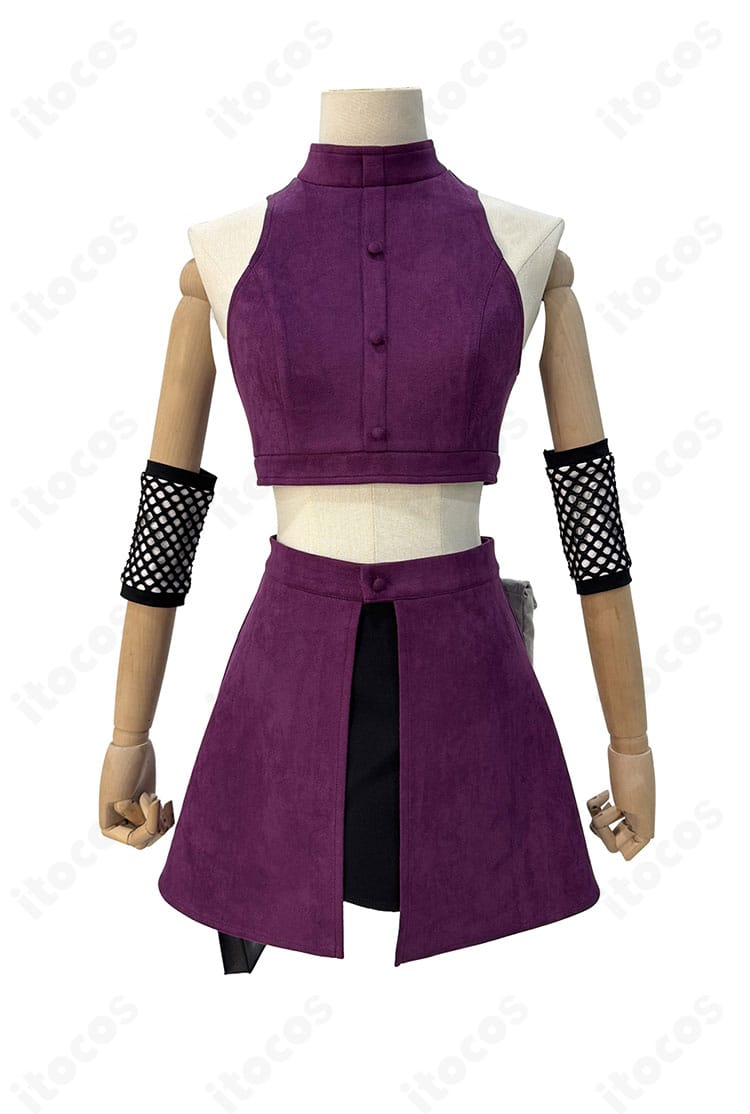 NARUTO -ナルト- 山中いの コスプレ衣装のフロントビュー。刺繍と配色のコントラスト、トップスとスカートのラインがわかるディテール。