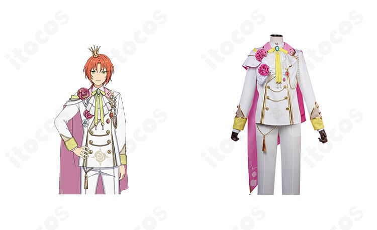 衣更真緒の舞踏会衣装コスプレ一式の正面全体と公式キャラクタービジュアル比較。配色と装飾の再現度が分かる構図。