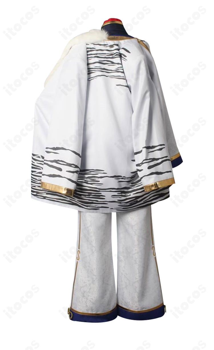 白虎舞衣装の背面全景。外套のドレープと背面装飾、流れるシルエットを表現