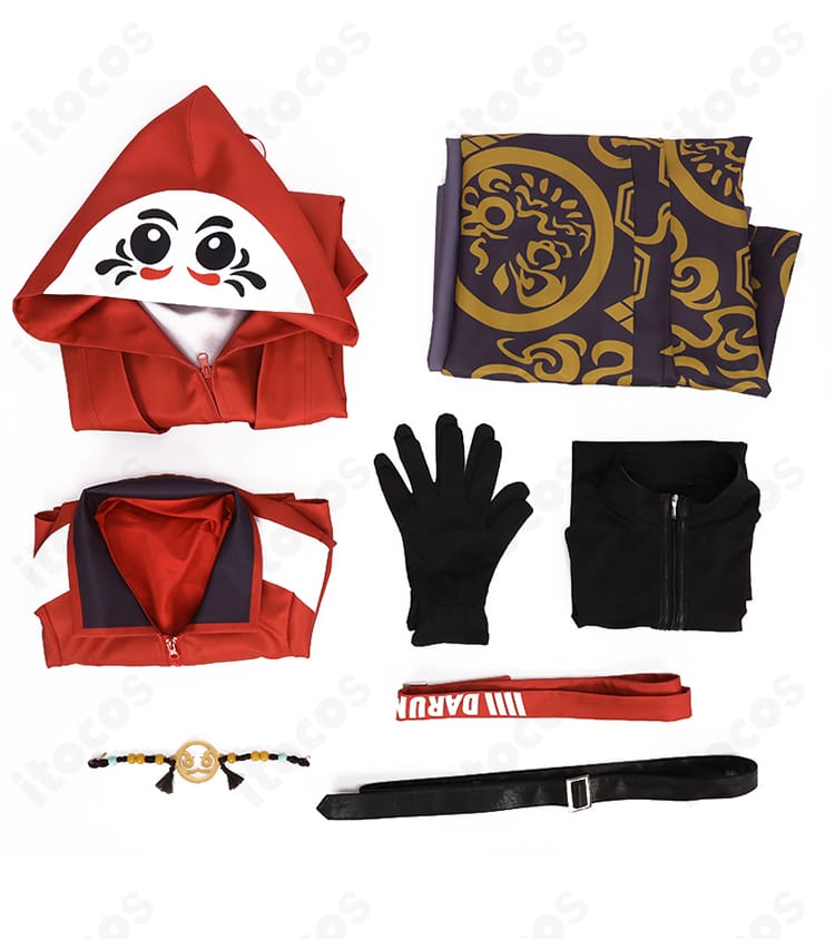 だるまいずごっど コスプレ衣装のセット内容一式。コート、インナー、Tシャツ、袴、手袋、胸飾り、ベルトを並べた構成イメージ。