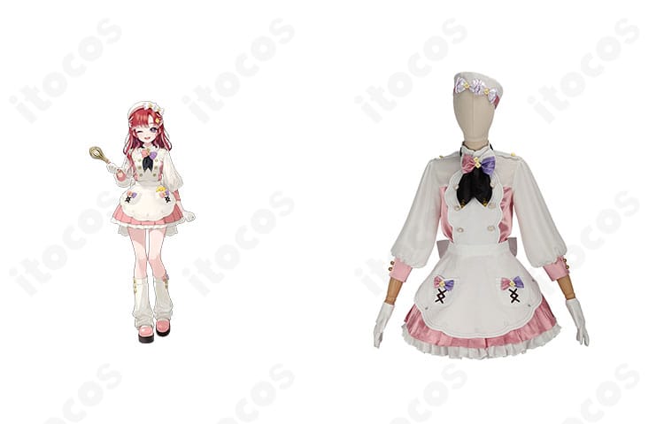 早乙女ベリーの公式衣装を再現したコスプレ一式とキャラクターイラストの比較画像。配色と装飾まで忠実に作り込まれた正面全景を表示。