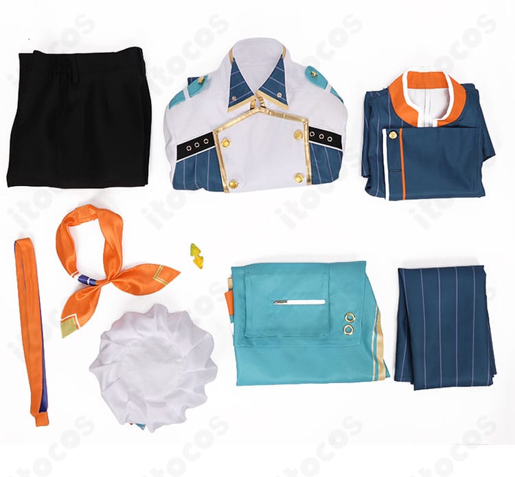 渚トラウト衣装セット内容一式。コート、トップス、ズボン、腰布、帽子、帯、スカーフを並べた構成写真