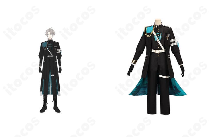 商品正面と甲斐田晴のVΔLZ 三華の樂ユニット衣装を並べた画像。全体シルエットと配色、装飾の再現度が分かる構図。