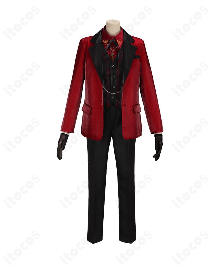 ローレン・イロアス衣装のディテール接写。ジャケットのラペル、ベストのボタン、チェーン装飾など質感重視の仕立て。