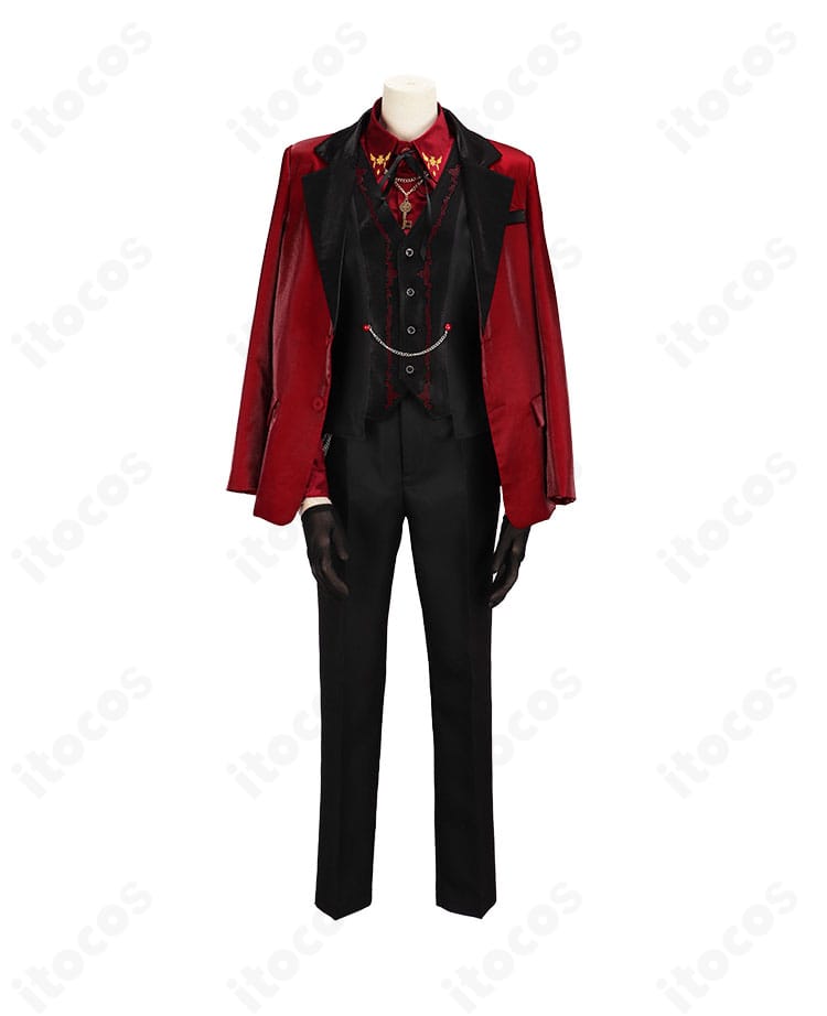 ローレン・イロアスのコスプレ衣装・正面全身。テーラードコートとベスト、ネックレスの配置がわかる高再現デザイン。