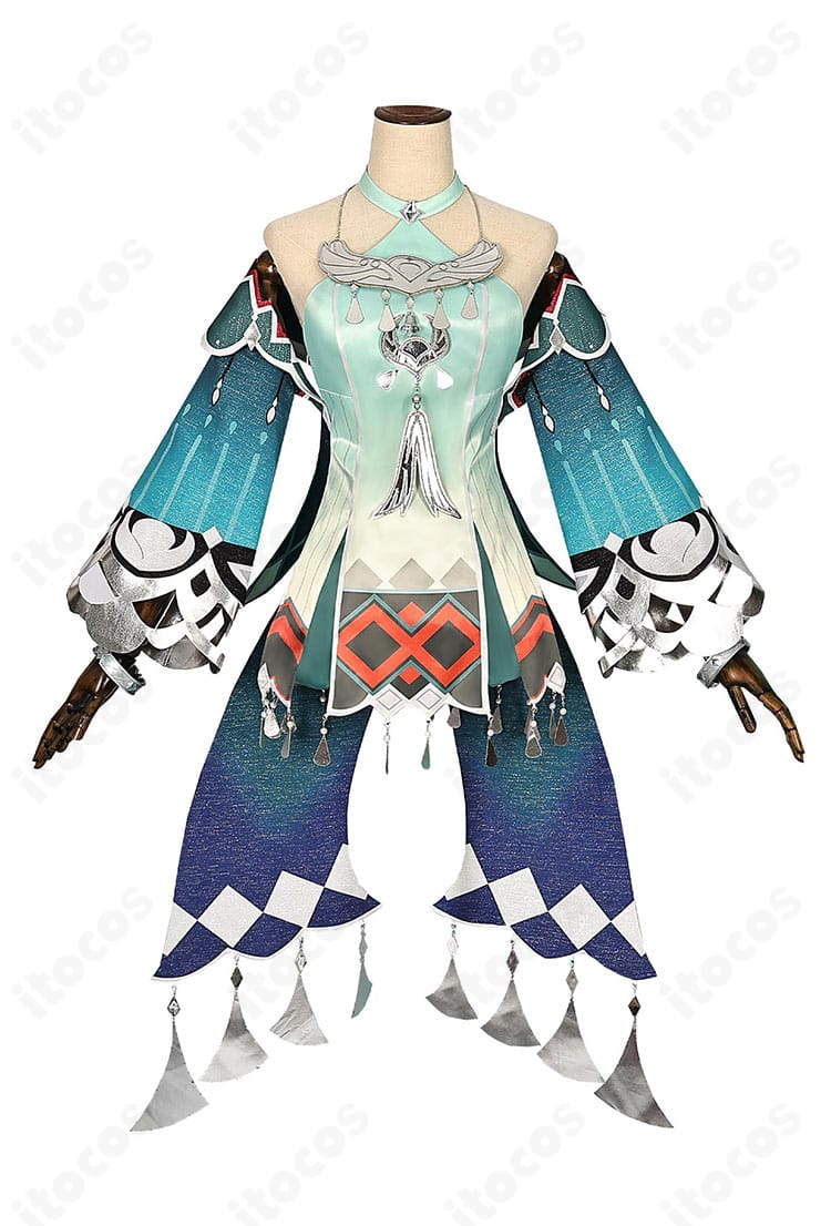 原神 藍硯 コスプレ衣装の正面ディテール。襟元からウエストまでの装飾とライン取りを忠実に再現したアップ画像。